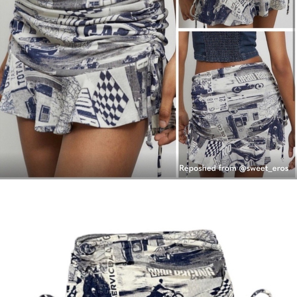 Urban Outfitters Drag Racing Ruched Mini Skirt Grey Graphic Print Small